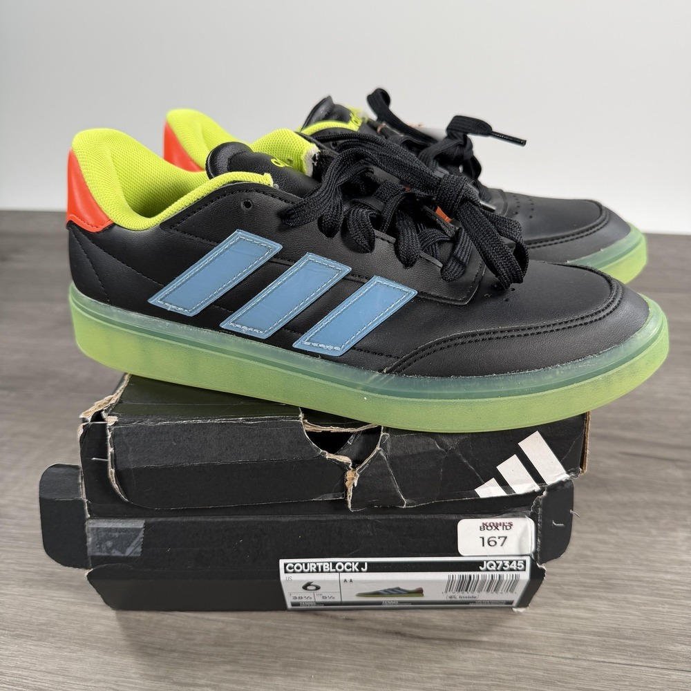 Adidas Courtblock J Shoes Youth Size 6 Black Neon Green Tennis Sneakers JQ7345